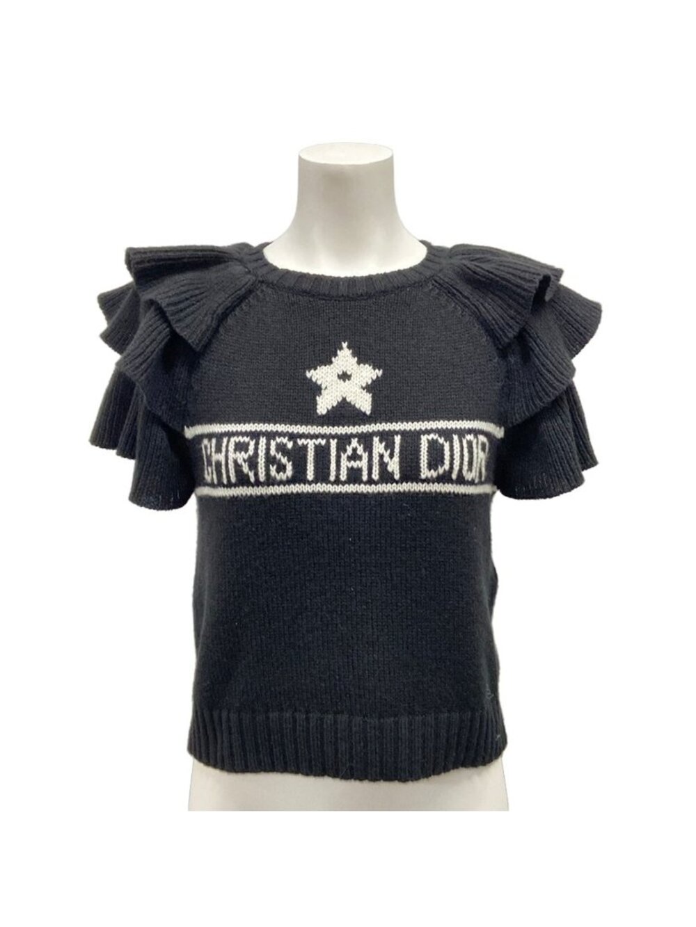 Dior Short Sleeve Sweater M Signature Cropped Ruffle Knit Black White